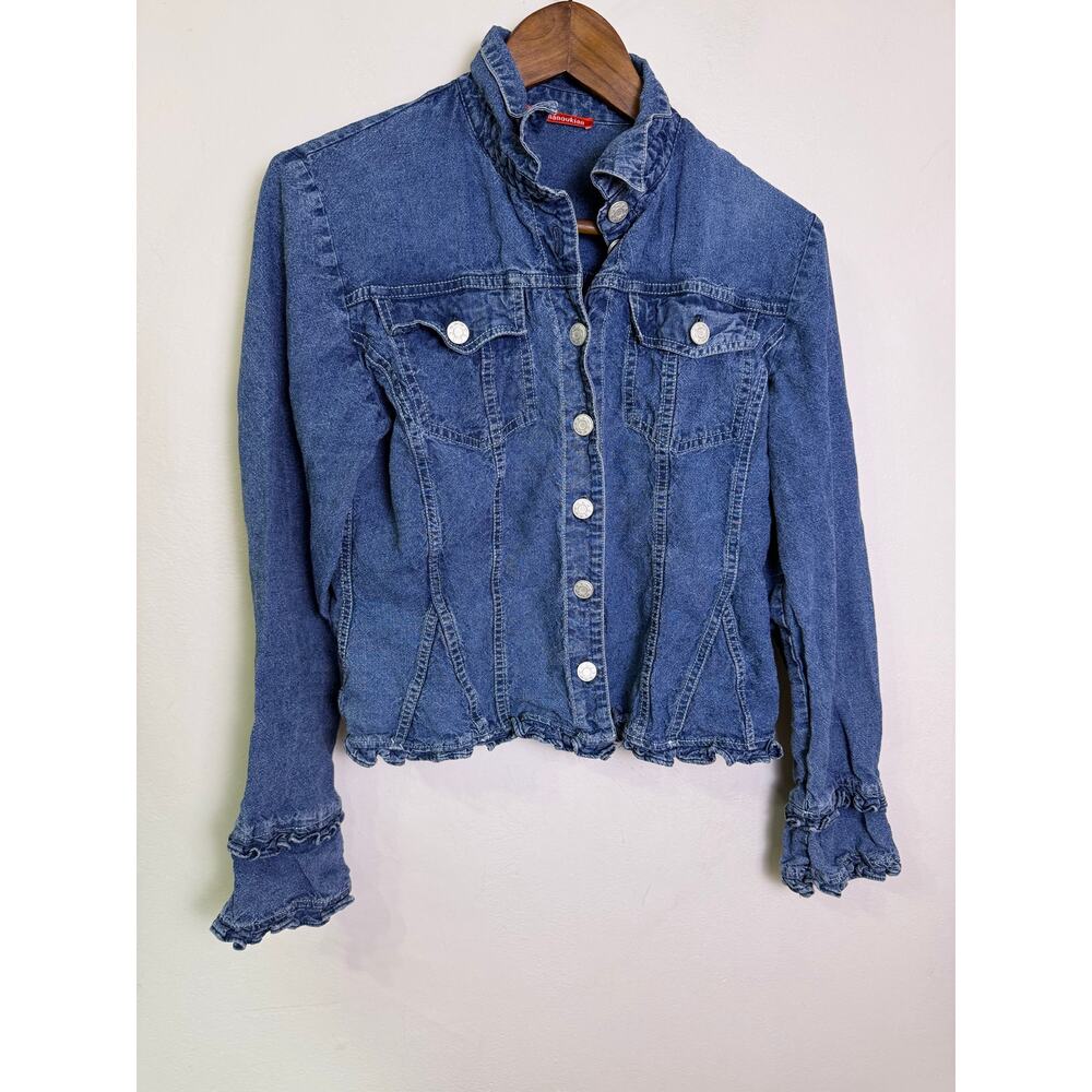 Alain Manoukian Denim Jacket Women’s M Blue Ruffle Hem Sleeve Button